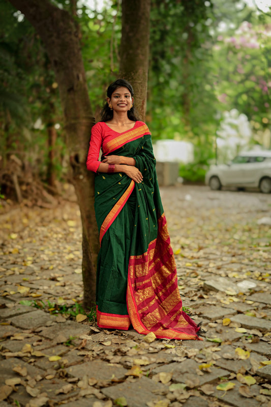 Green Gadwal Cotton Saree with Red Border