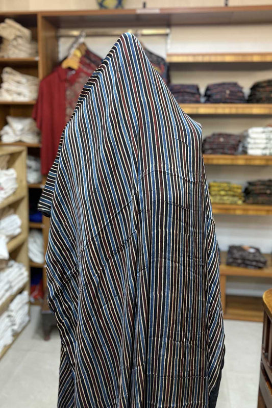 Blue Stripes Ajrakh Printed Modal Silk fabric