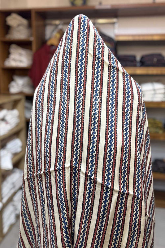 Offwhite Border Stripe Ajrakh Printed Modal Silk fabric