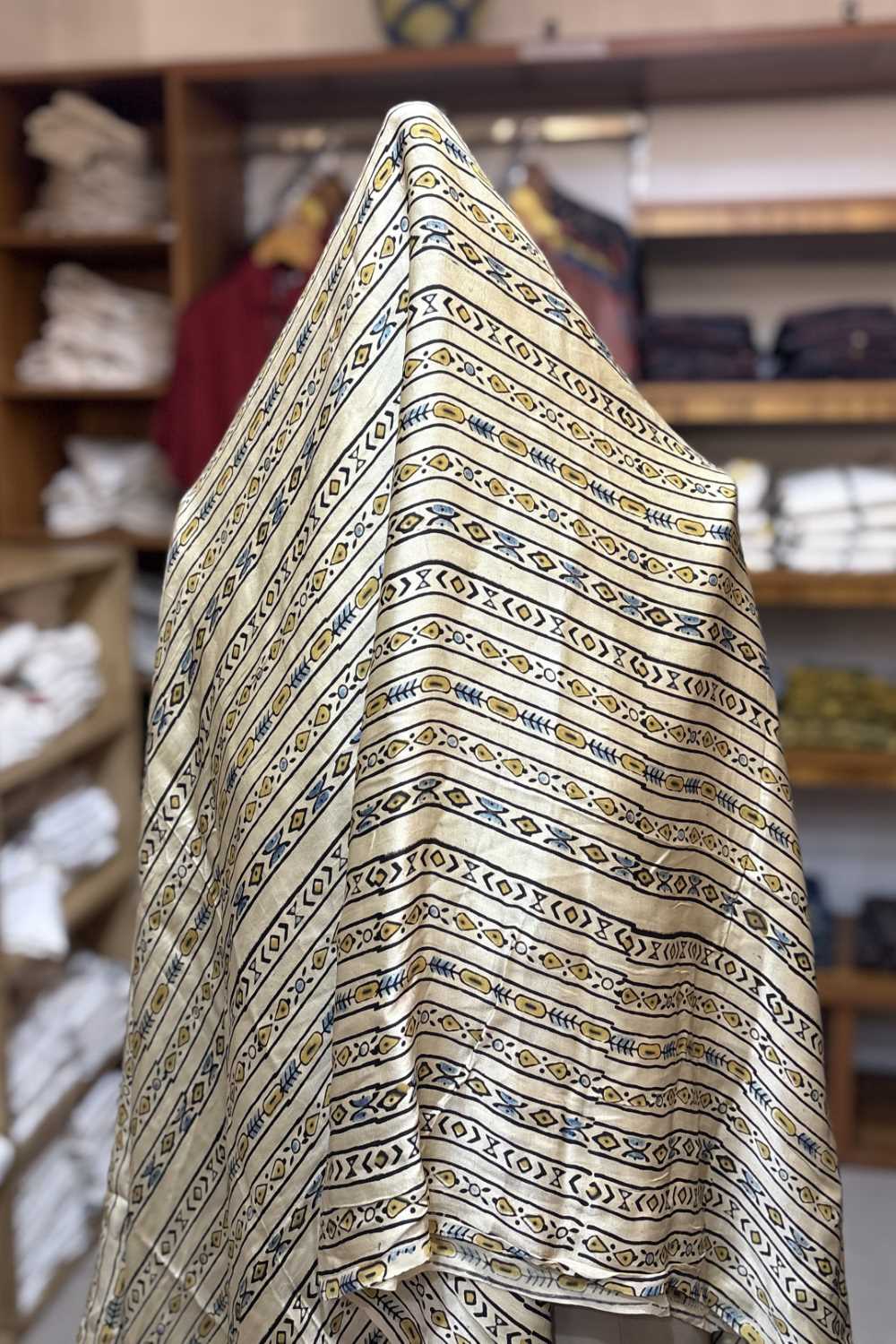 Offwhite Border Stripe Ajrakh Printed Modal Silk fabric
