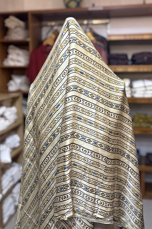 Offwhite Border Stripe Ajrakh Printed Modal Silk fabric