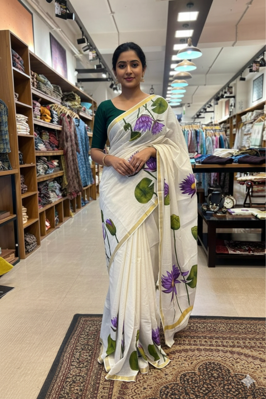 Kerala Saree with Golden Border & Handpainted Blue Water Lily