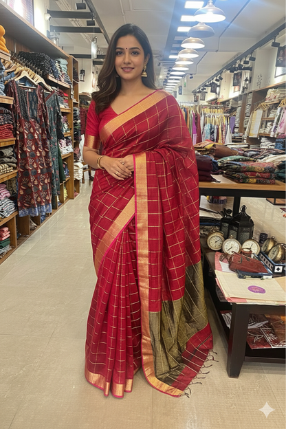 Red Maheshwari Silk Saree