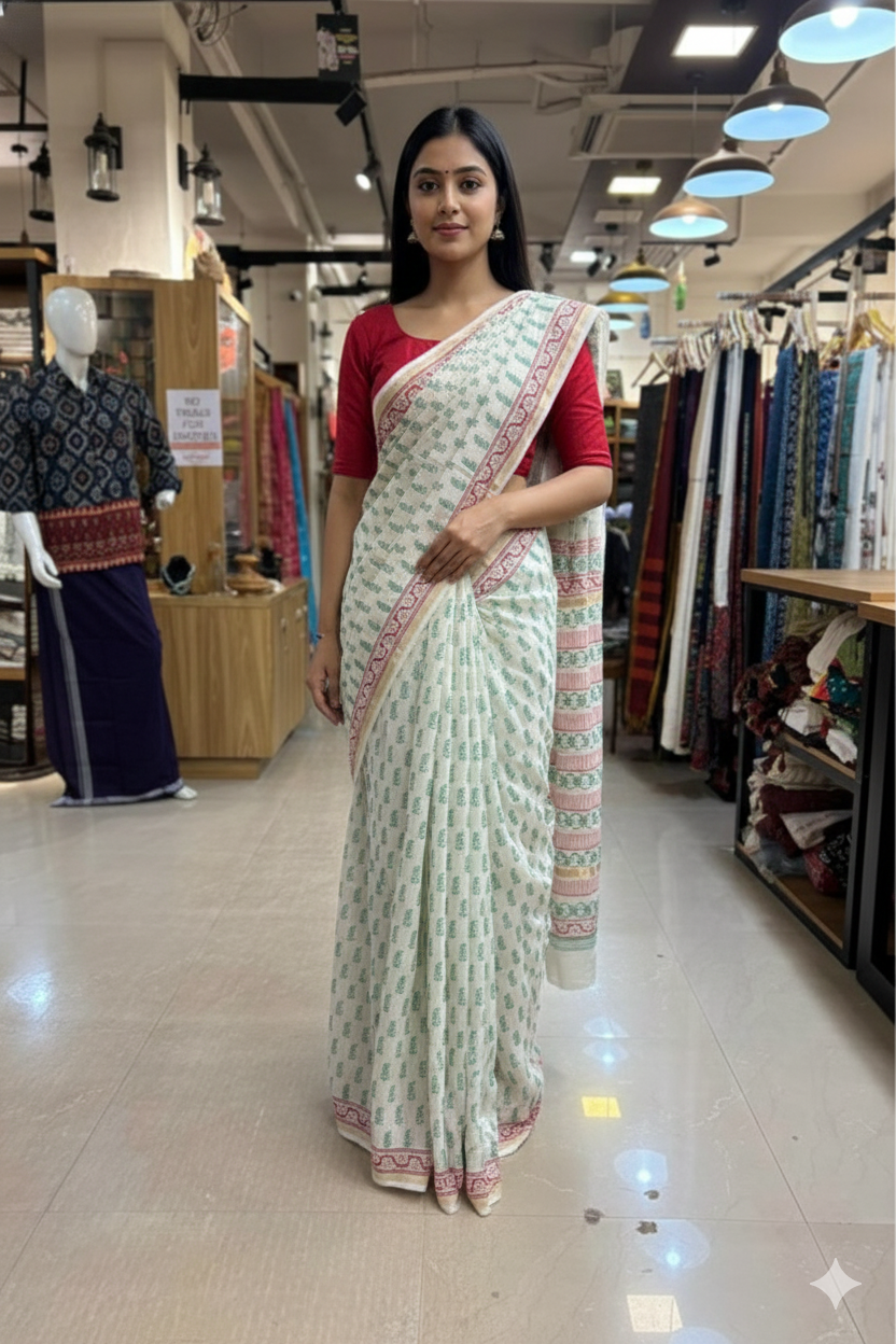 Offwhite Chanderi Saree with Blue Floral Motif