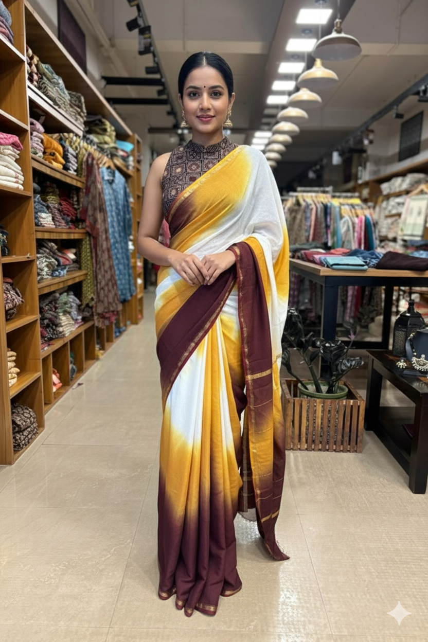 Dyed Yellow & Maroon Chanderi saree
