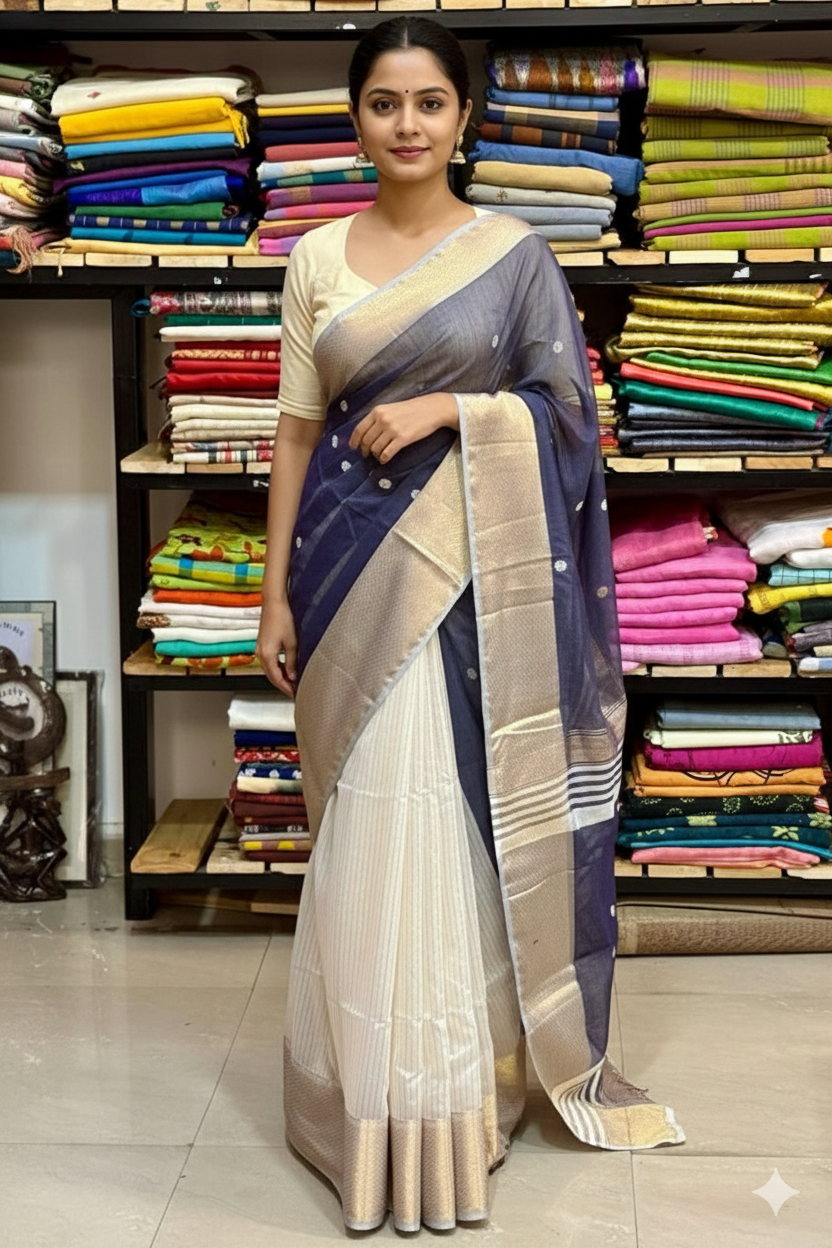 Grey Maheswari Silk Saree Half & Half