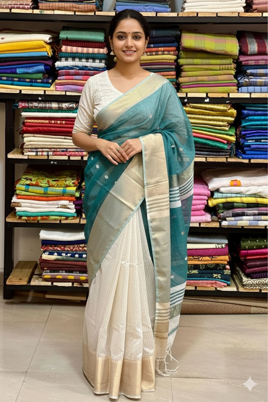 Blue Maheswari Silk Saree Half & Half