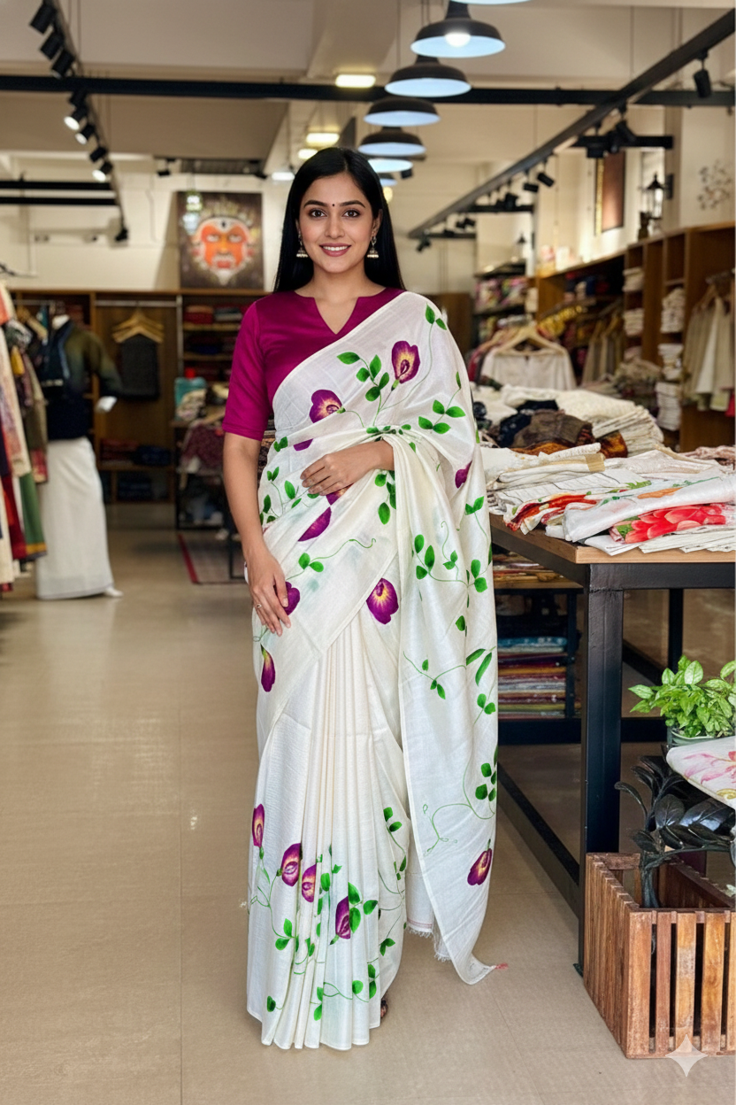 Pure Mulbery Silk Saree Hand Painted Shangupushpam