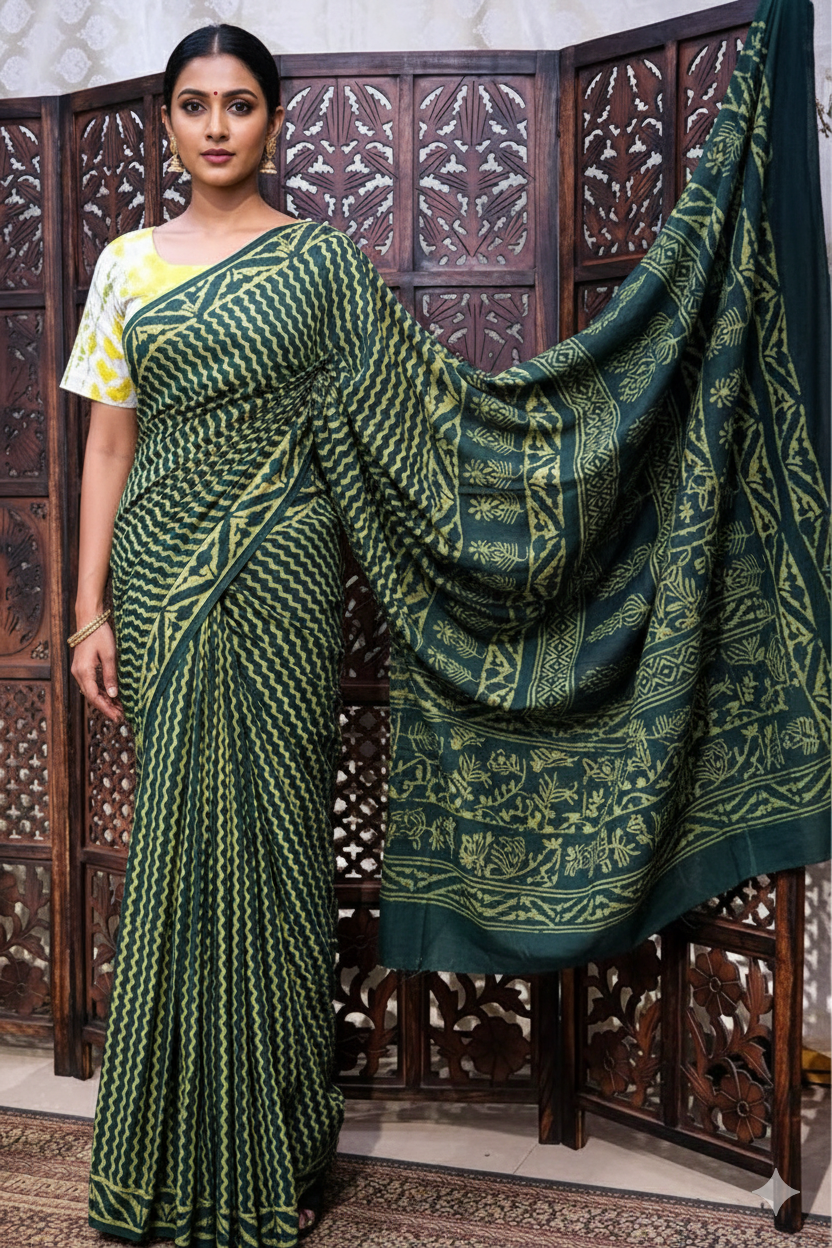 Indigo Green Mul mul Cotton Printed Saree