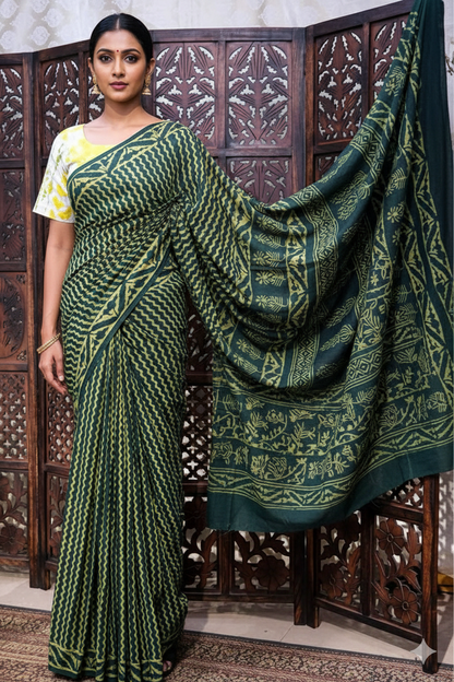 Indigo Green Mul mul Cotton Printed Saree