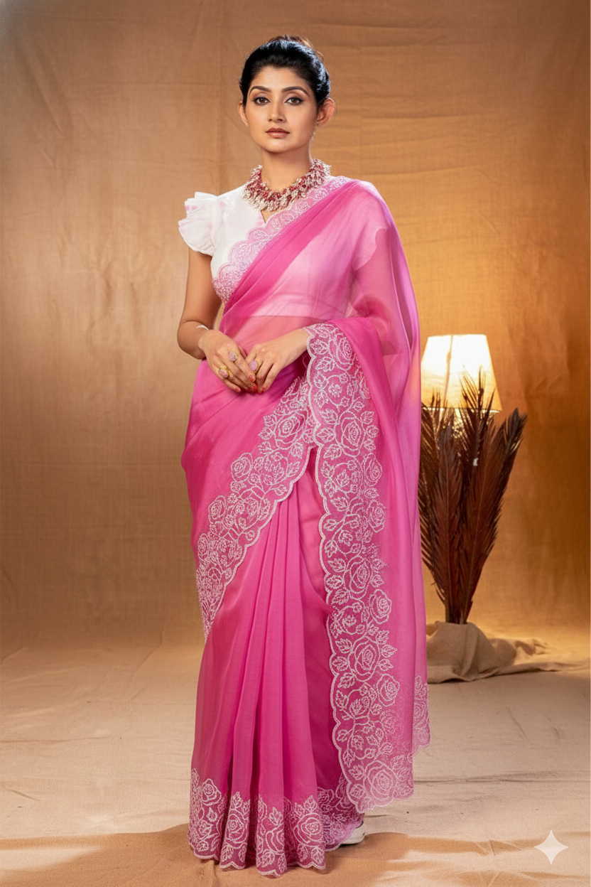 Pink Color Pure Silk Organza Saree