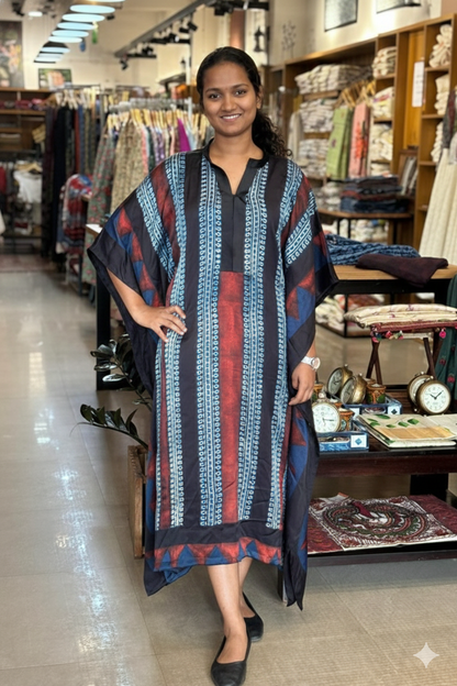 Blue & Red Modal Silk Designer Kaftan