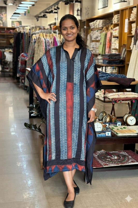 Blue & Red Modal Silk Designer Kaftan
