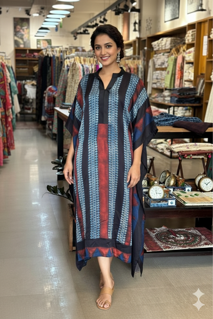 Blue & Red Modal Silk Designer Kaftan