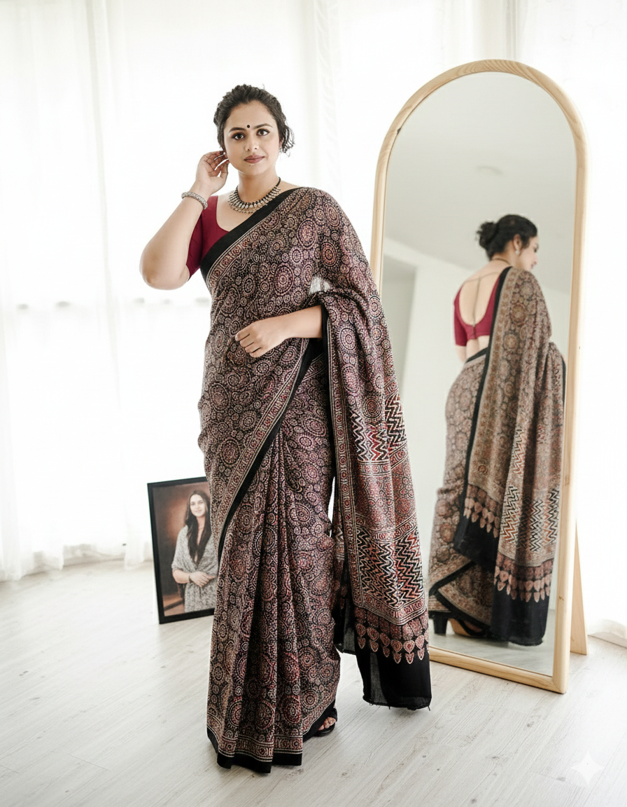Brown Base Handblock Printed Ajrakh Modal Silk Saree.