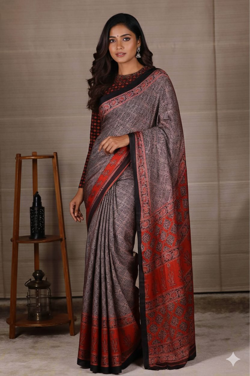 Black Base Ajrakh Modal  Silk Saree