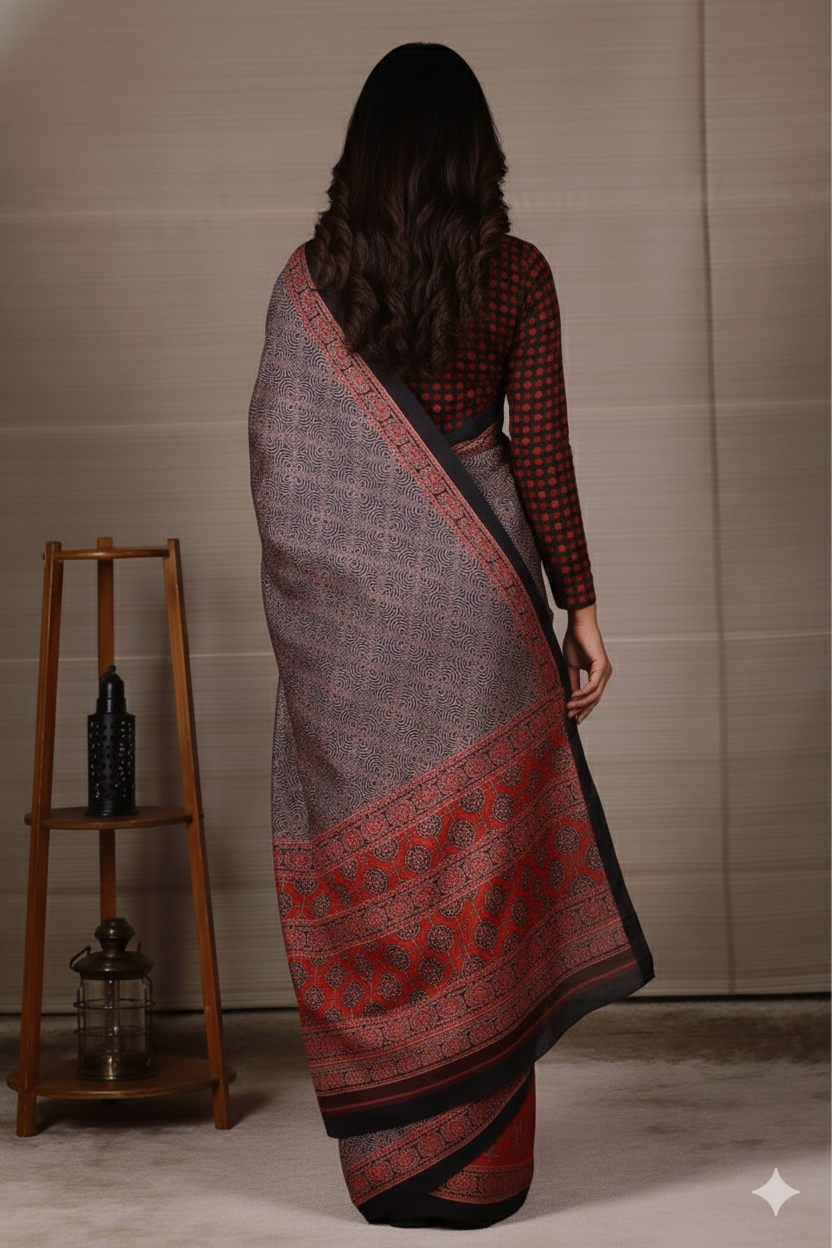Black Base Ajrakh Modal  Silk Saree
