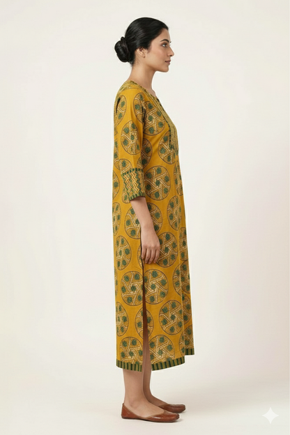 Mustard Yellow Ajrakh Printed Straight Cut Kurtihi