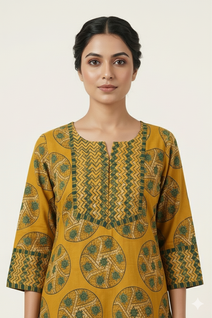 Mustard Yellow Ajrakh Printed Straight Cut Kurtihi