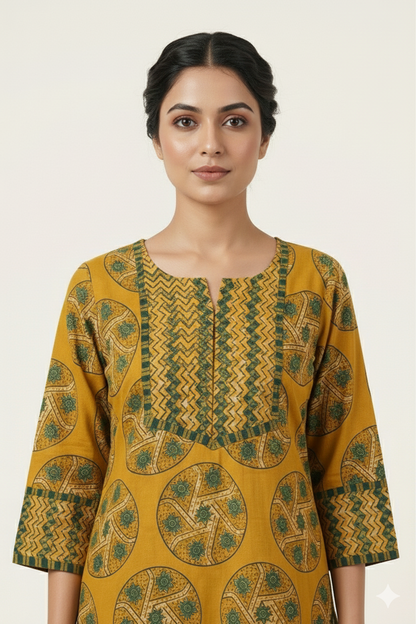 Mustard Yellow Ajrakh Printed Straight Cut Kurtihi