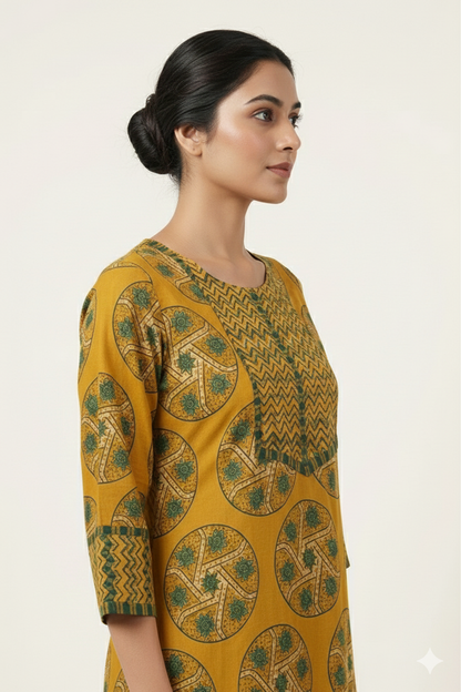 Mustard Yellow Ajrakh Printed Straight Cut Kurtihi