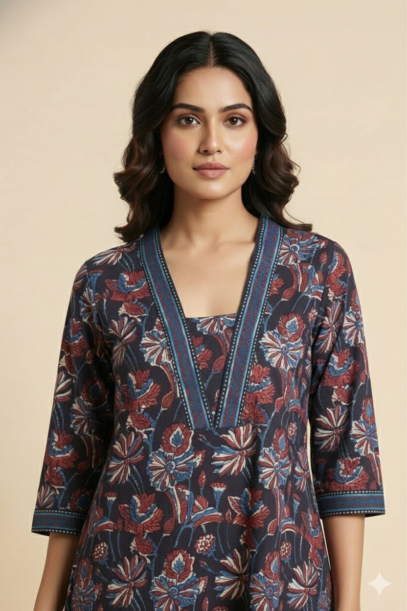 Black  Jahota Print A line Kurti  Collar Neck