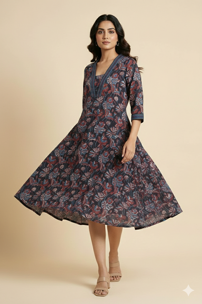 Black  Jahota Print A line Kurti  Collar Neck