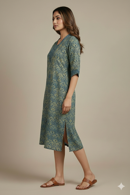 Blue Ajrak Print Slited Kurti With Collar Neck