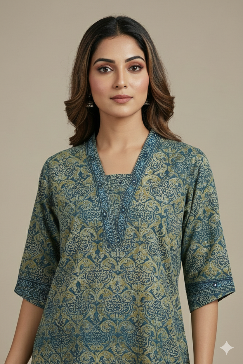 Blue Ajrak Print Slited Kurti With Collar Neck