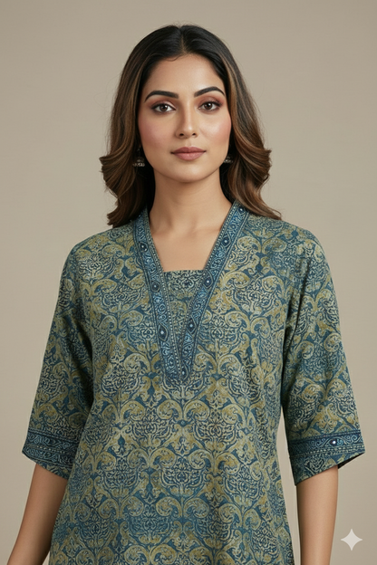 Blue Ajrak Print Slited Kurti With Collar Neck