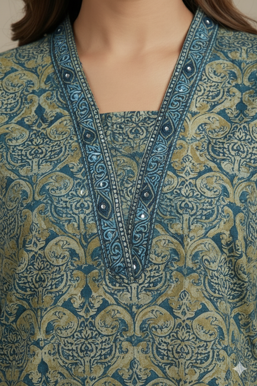 Blue Ajrak Print Slited Kurti With Collar Neck