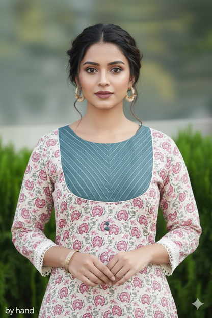 White Saganeri A Line Kurthi