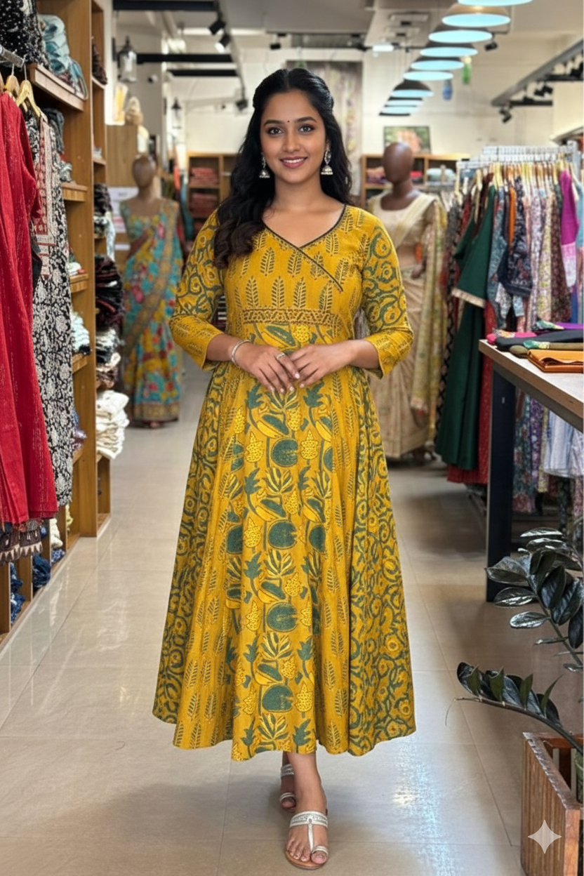Yellow Ajrakh 5 Panel Anarkali