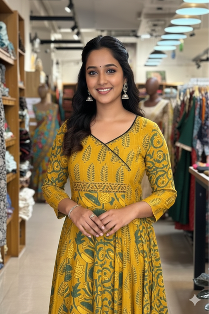 Yellow Ajrakh 5 Panel Anarkali