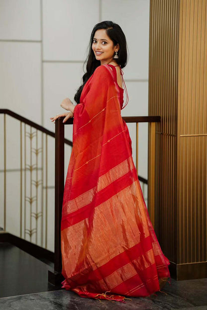 Red Orange Dual Shade Maheshweri Silk Saree