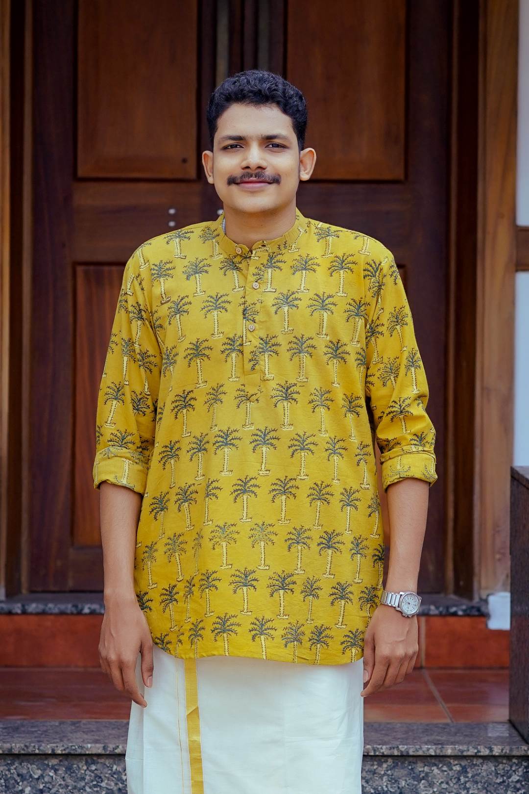 Ajrakh Full sleeve Yellow Kurtha with Coconut Tree Print