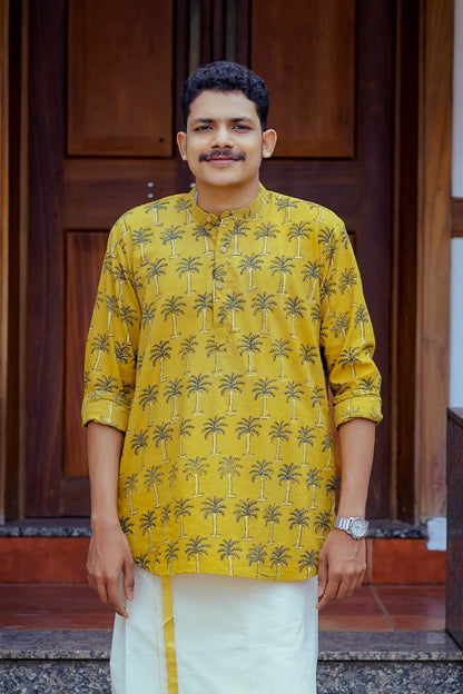 Ajrakh Full sleeve Yellow Kurtha with Coconut Tree Print