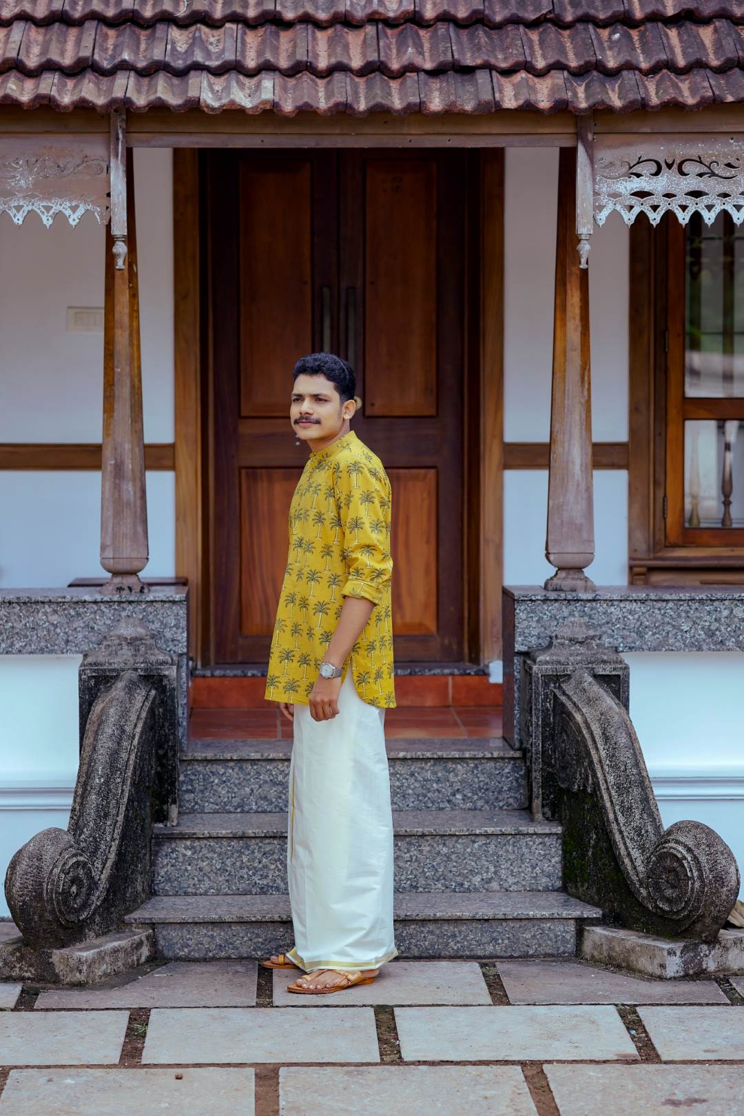 Ajrakh Full sleeve Yellow Kurtha with Coconut Tree Print