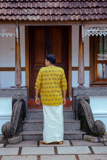 Ajrakh Full sleeve Yellow Kurtha with Coconut Tree Print