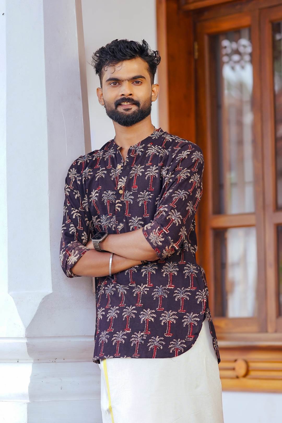Ajrakh Full sleeve Black Kurtha with Coconut Tree Print