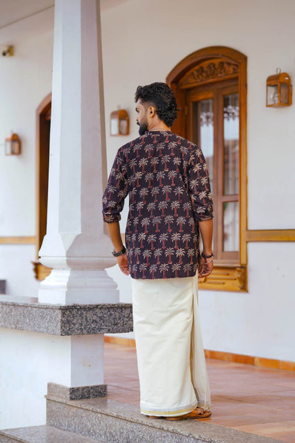 Ajrakh Full sleeve Black Kurtha with Coconut Tree Print