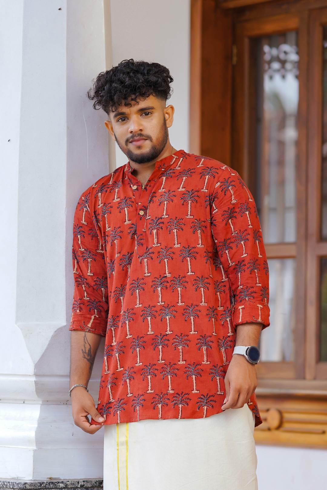 Ajrakh Full sleeve Red Kurtha with Coconut Tree Print