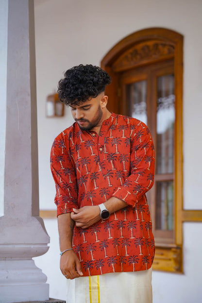 Ajrakh Full sleeve Red Kurtha with Coconut Tree Print