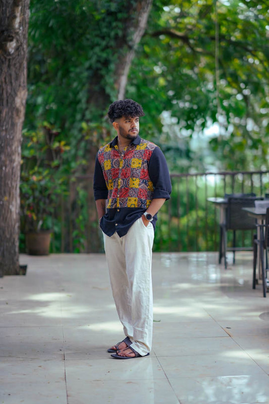 Black Base Half Ajrakh Patch Shirt