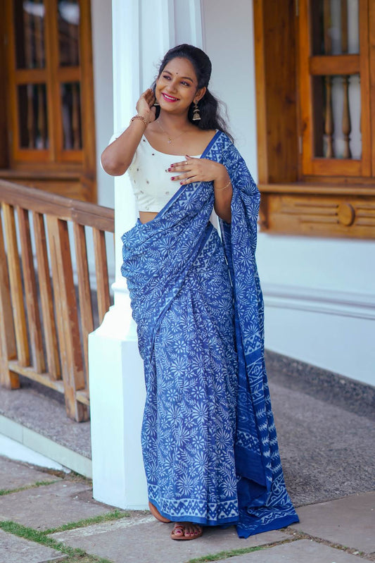Indigo Big Rapid Floral Motif Mul Saree