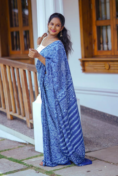 Indigo Big Rapid Floral Motif Mul Saree