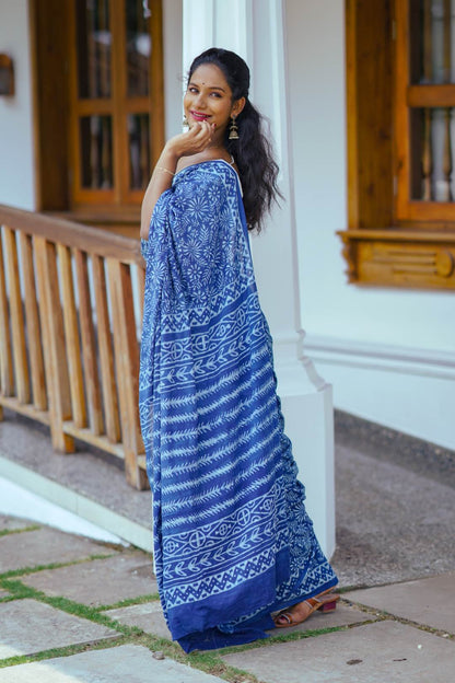 Indigo Big Rapid Floral Motif Mul Saree