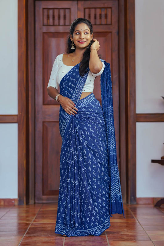 Indigo Mulcotton Saree with Motif