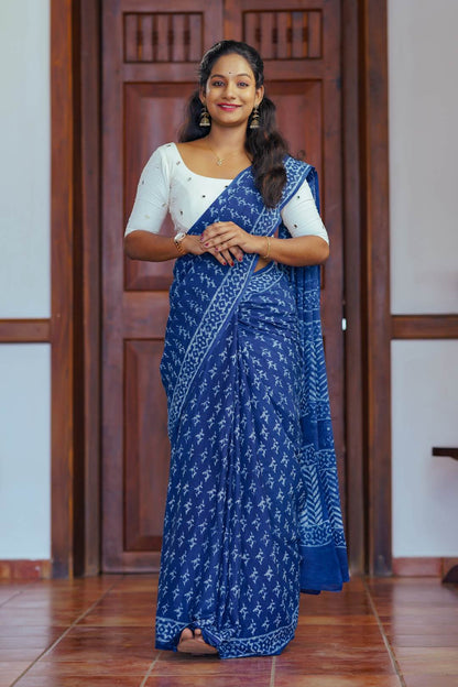 Indigo Mulcotton Saree with Motif