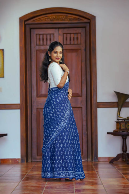 Indigo Mulcotton Saree with Motif